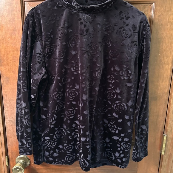 VTG 80s Black Crushed Velvet Floral Burn out casual top. By Bold Spirit, Sz PL - Picture 3 of 6
